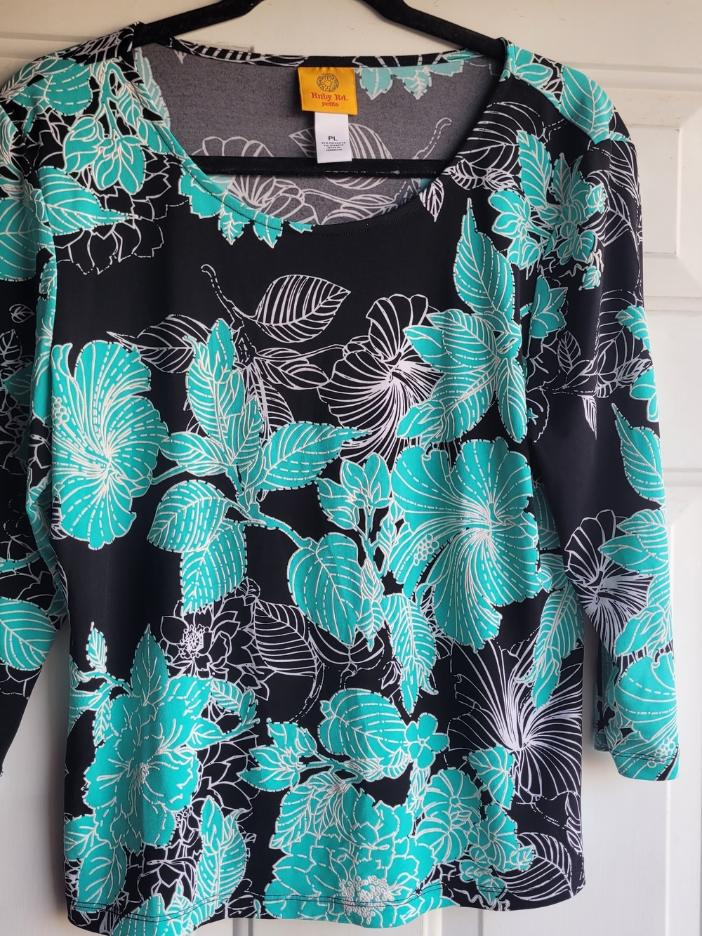 Black & Teal Floral Scoop Neck Top Ruby Rd. Petite Large